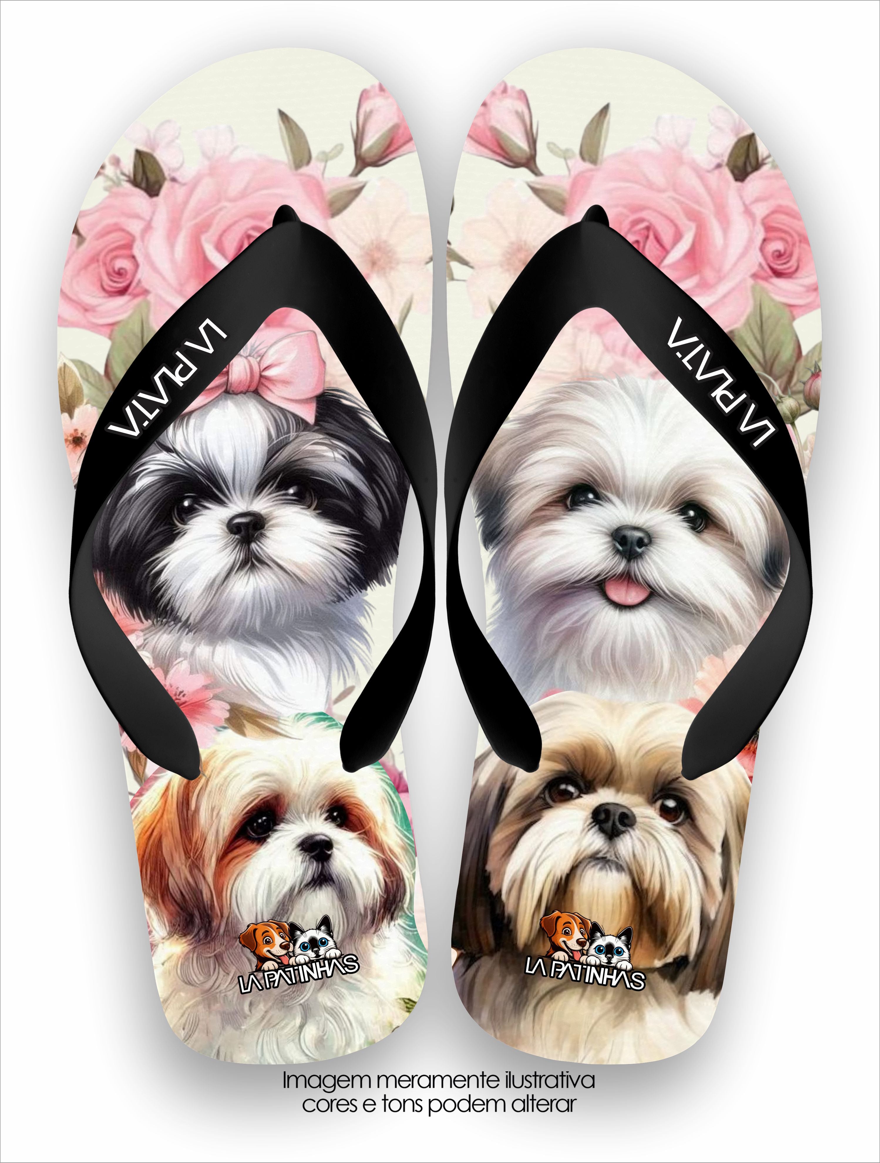 Chinelo Tradicional La Patinhas Dogs Shih Tzus and Roses