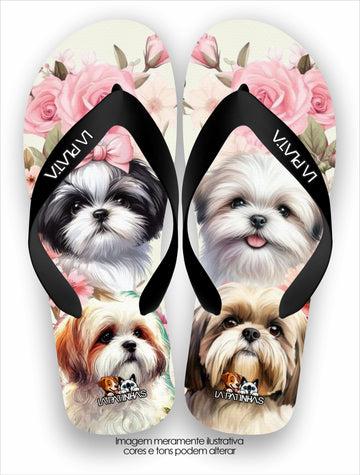 Chinelo Tradicional La Patinhas Dogs Shih Tzus and Roses