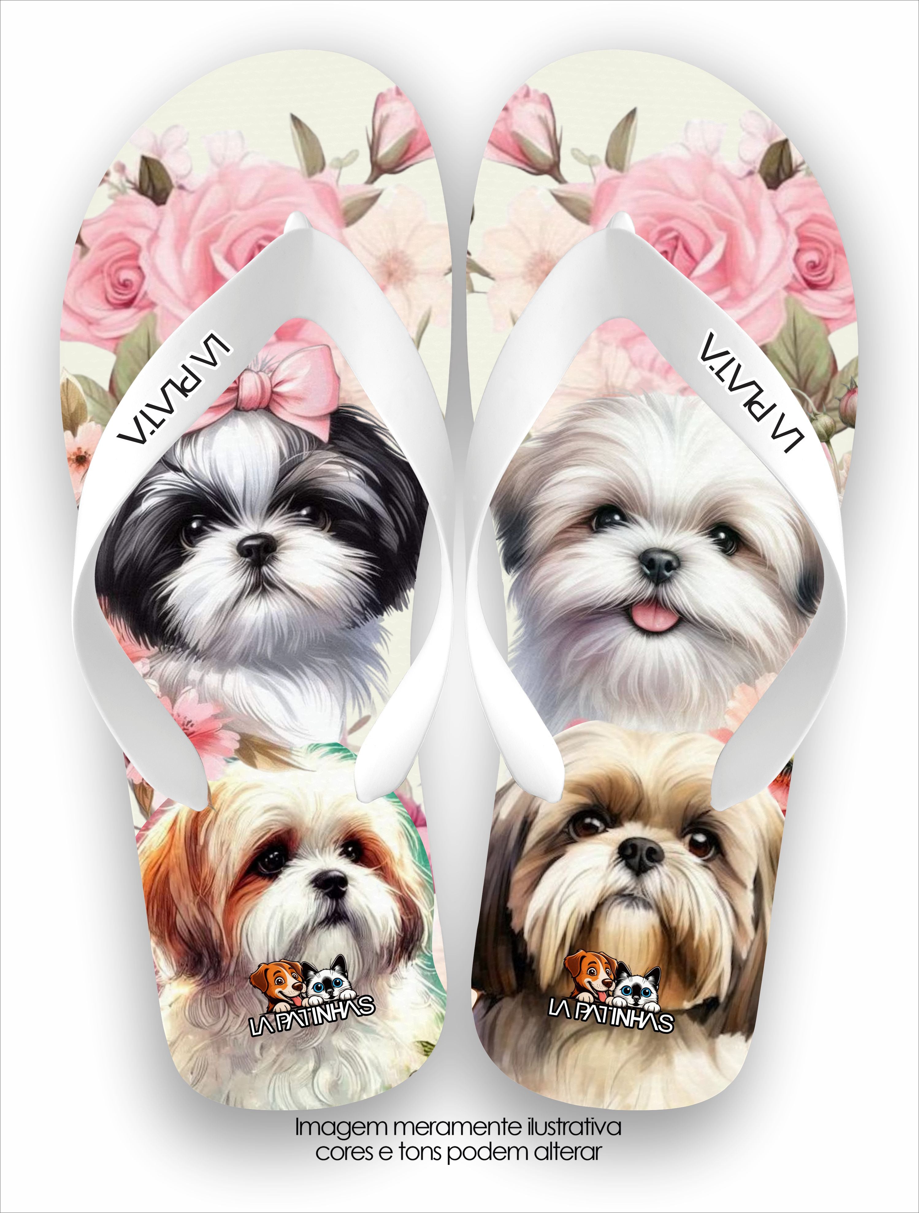 Chinelo Tradicional La Patinhas Dogs Shih Tzus and Roses