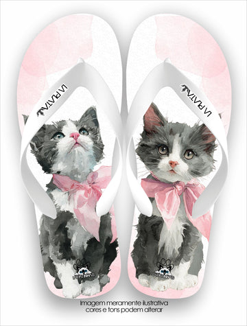 Chinelo Tradicional La Patinhas Cats Gatinho Cinza Laço Rosa