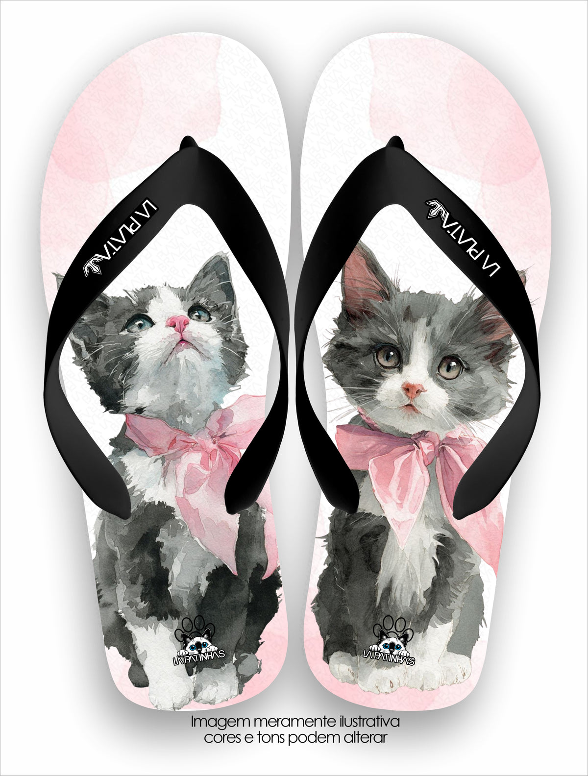 Chinelo Tradicional La Patinhas Cats Gatinho Cinza Laço Rosa