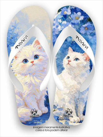 Chinelo Tradicional La Patinhas Cats Gato Branco Floral