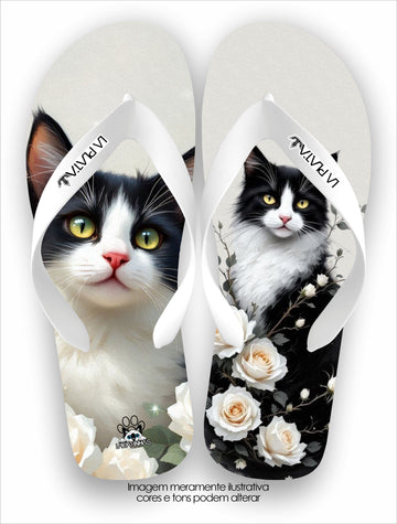 Chinelo Tradicional La Patinhas Cats Gato Preto e Branco Rosas