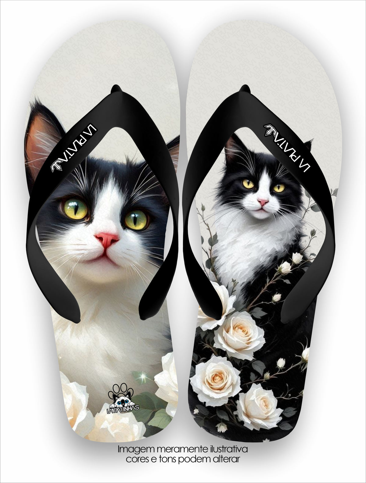 Chinelo Tradicional La Patinhas Cats Gato Preto e Branco Rosas